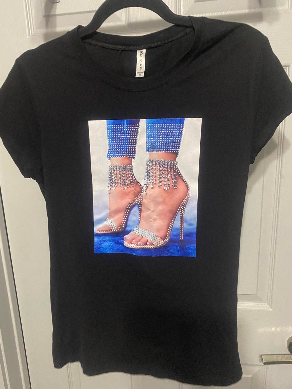 Reserved Black Tee with Silver Crystal Fringe High Heels Graphic